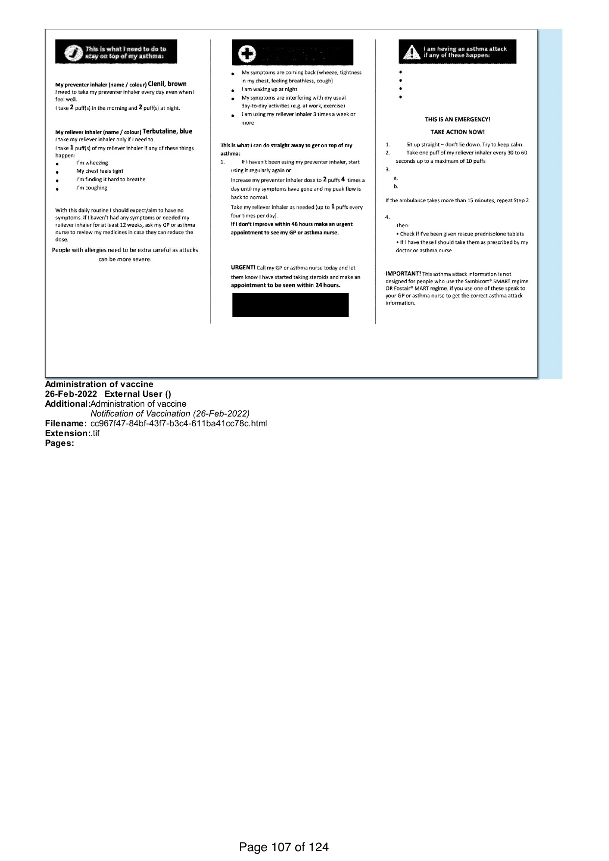 Page 107 of the record: A vaccination notification, filed as a scan