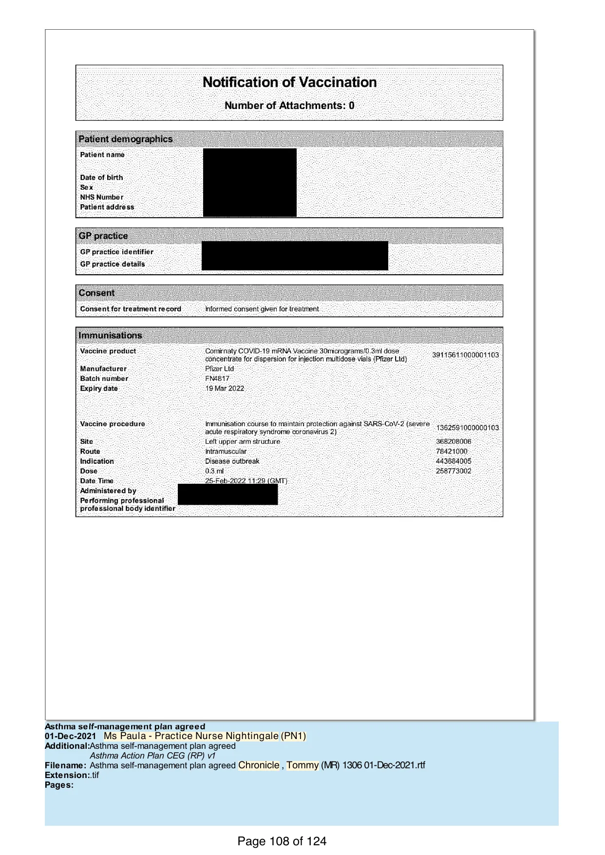 Page 108 of the record: A care plan agreed at a review