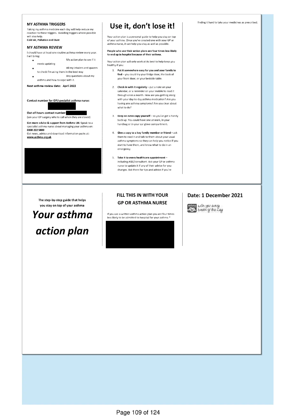 Page 109 of the record: A printed action plan leaflet, 2021