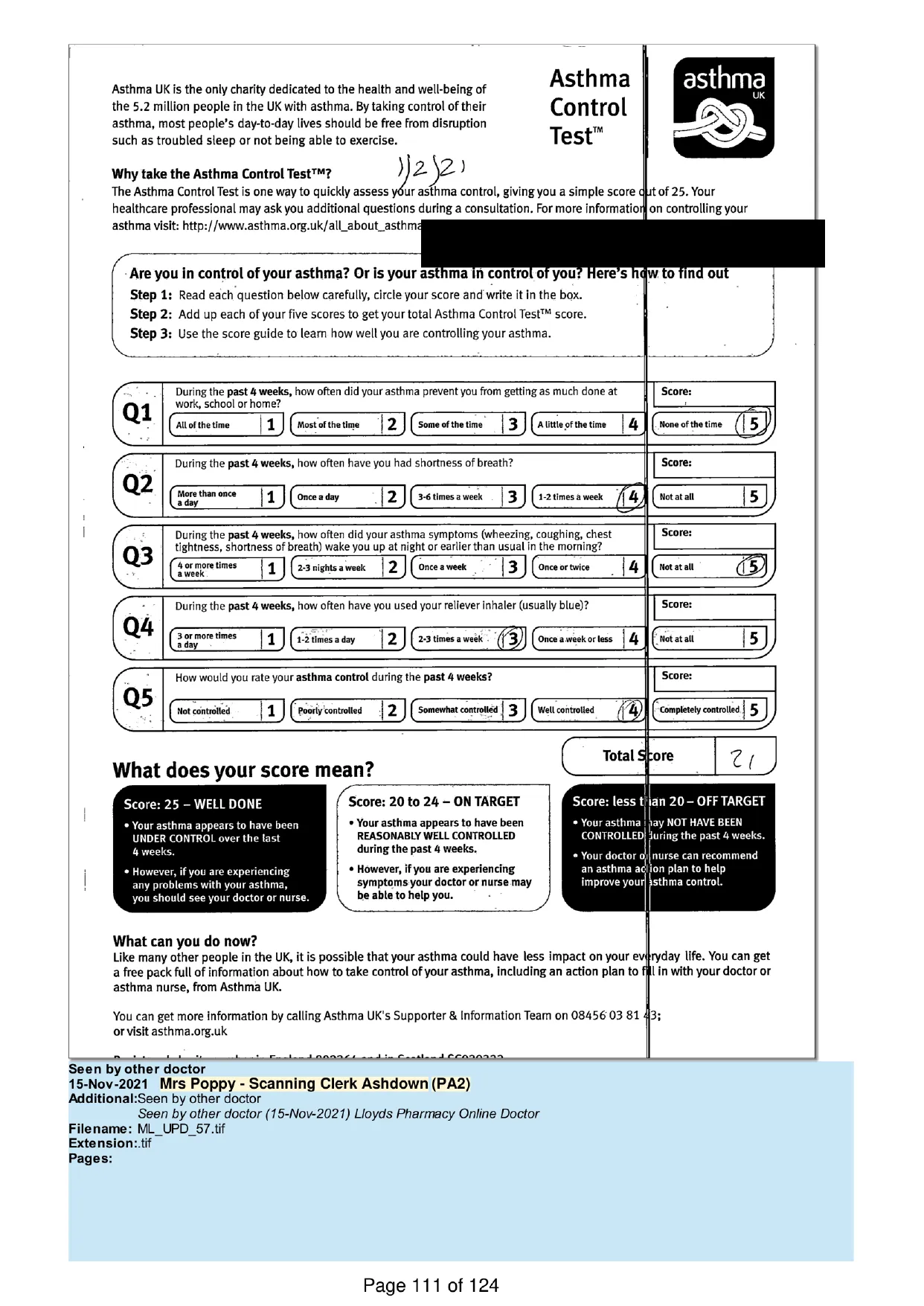 Page 111 of the record: A printed self-assessment questionnaire, 2021