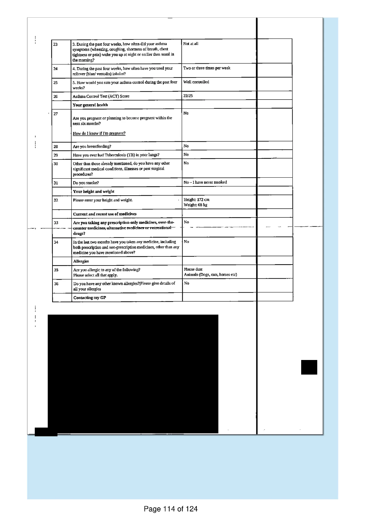Page 114 of the record: The questionnaire continued
