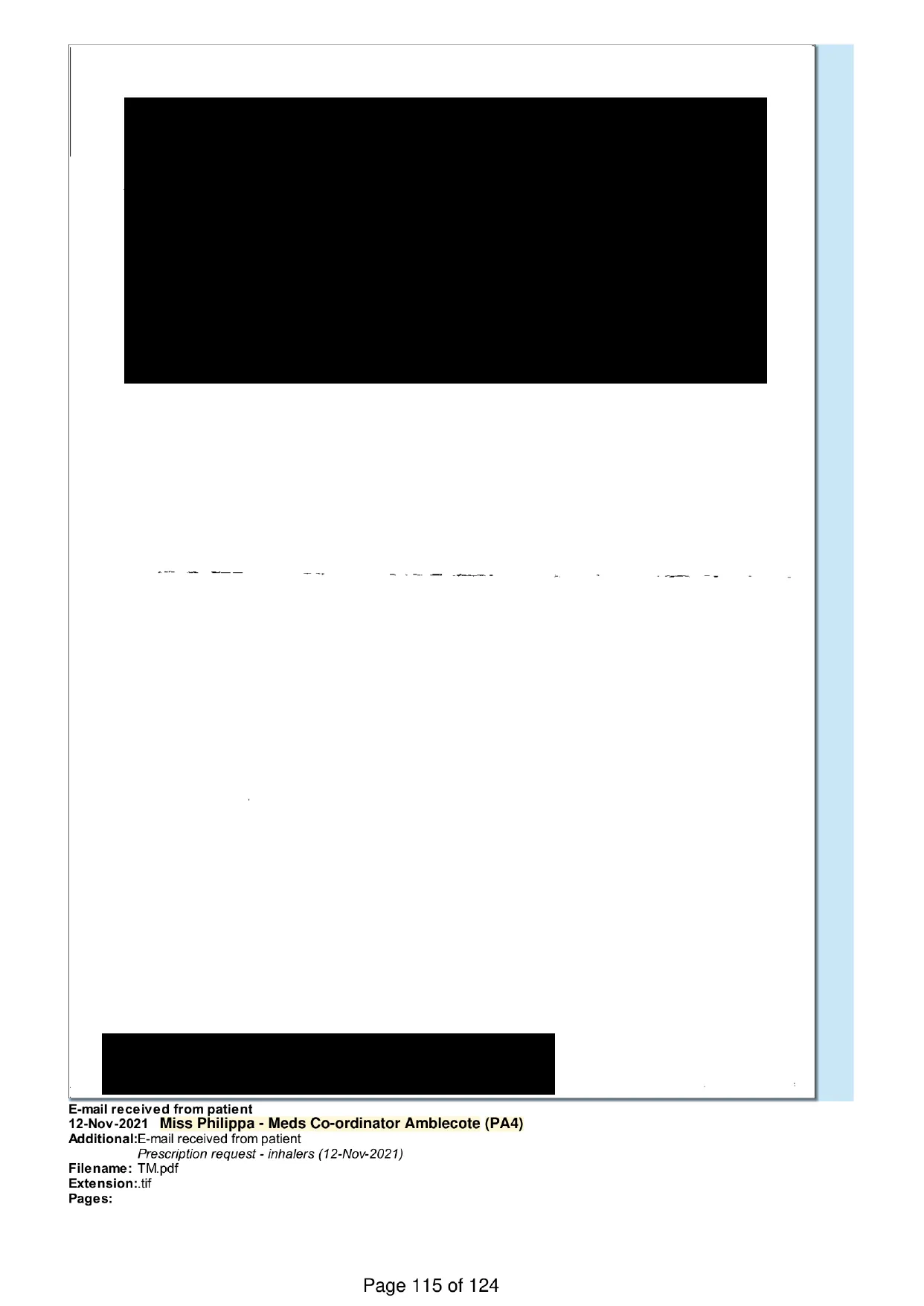 Page 115 of the record: An email to the surgery, 2021