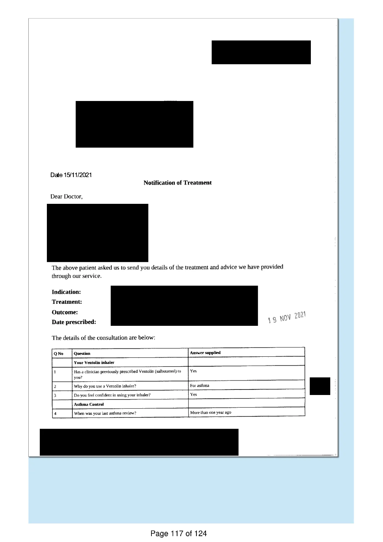 Page 117 of the record: A second treatment notification, 2021