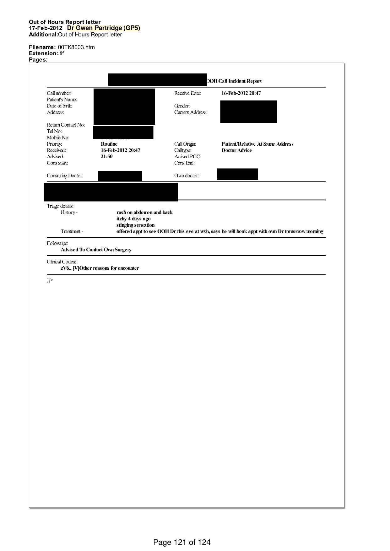 Page 121 of the record: An out of hours call report, 2012