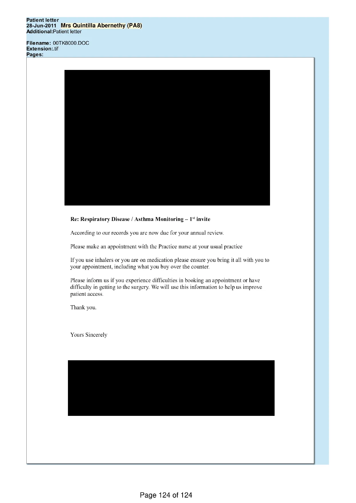 Page 124 of the record: A first annual review invitation, 2011