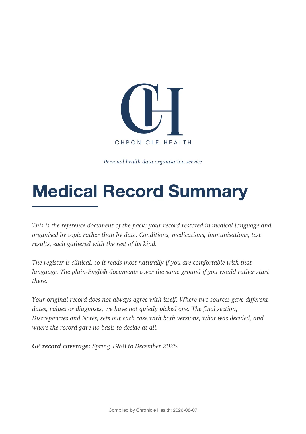 Page 1 of the Record Summary document from the published Chronicle Pack: Cover page