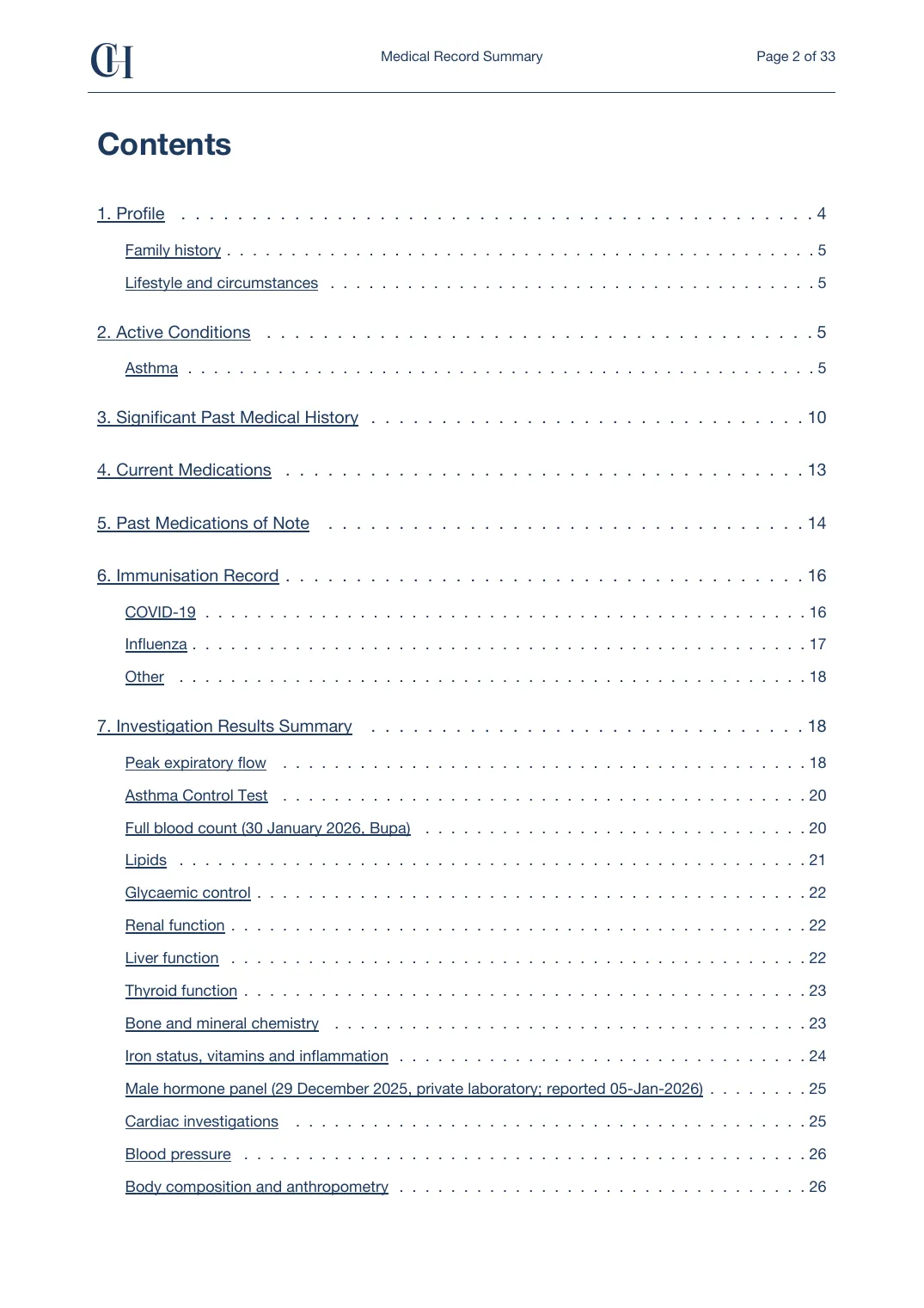 Page 2 of the Record Summary document from the published Chronicle Pack: Contents