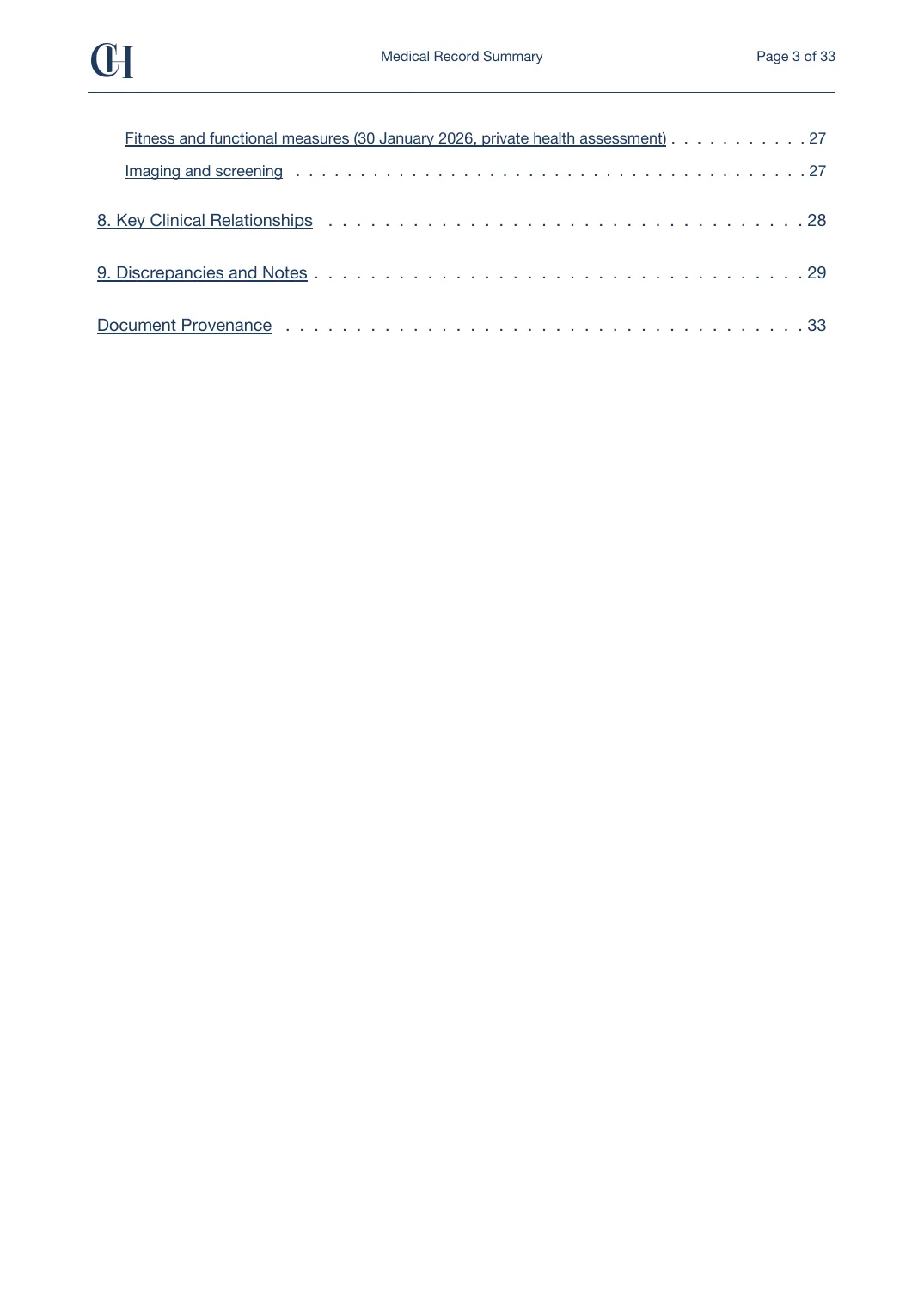 Page 3 of the Record Summary document from the published Chronicle Pack: Contents, continued