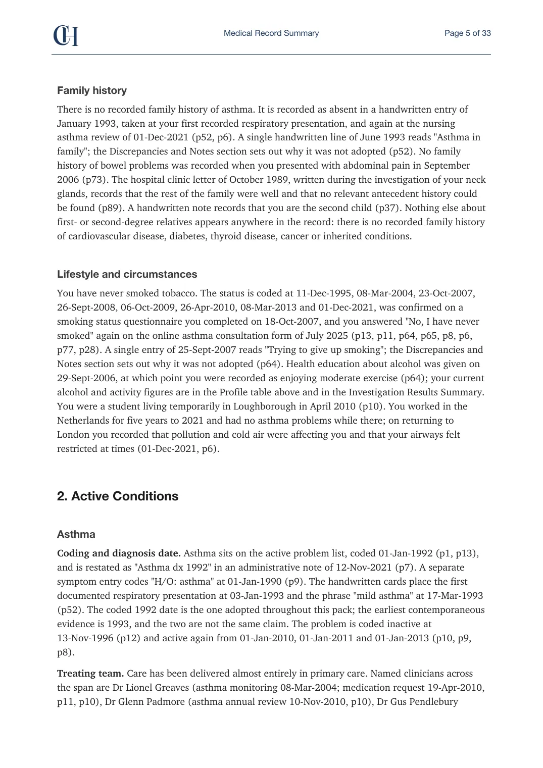 Page 5 of the Record Summary document from the published Chronicle Pack: Family history and lifestyle, then active conditions: asthma