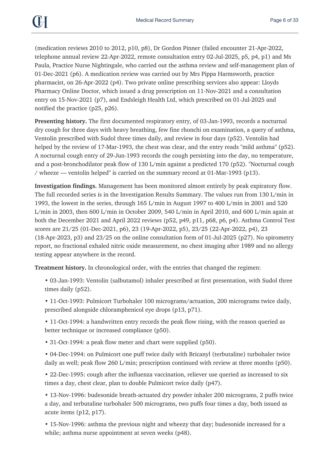 Page 6 of the Record Summary document from the published Chronicle Pack: Asthma: the treating team and the presenting history