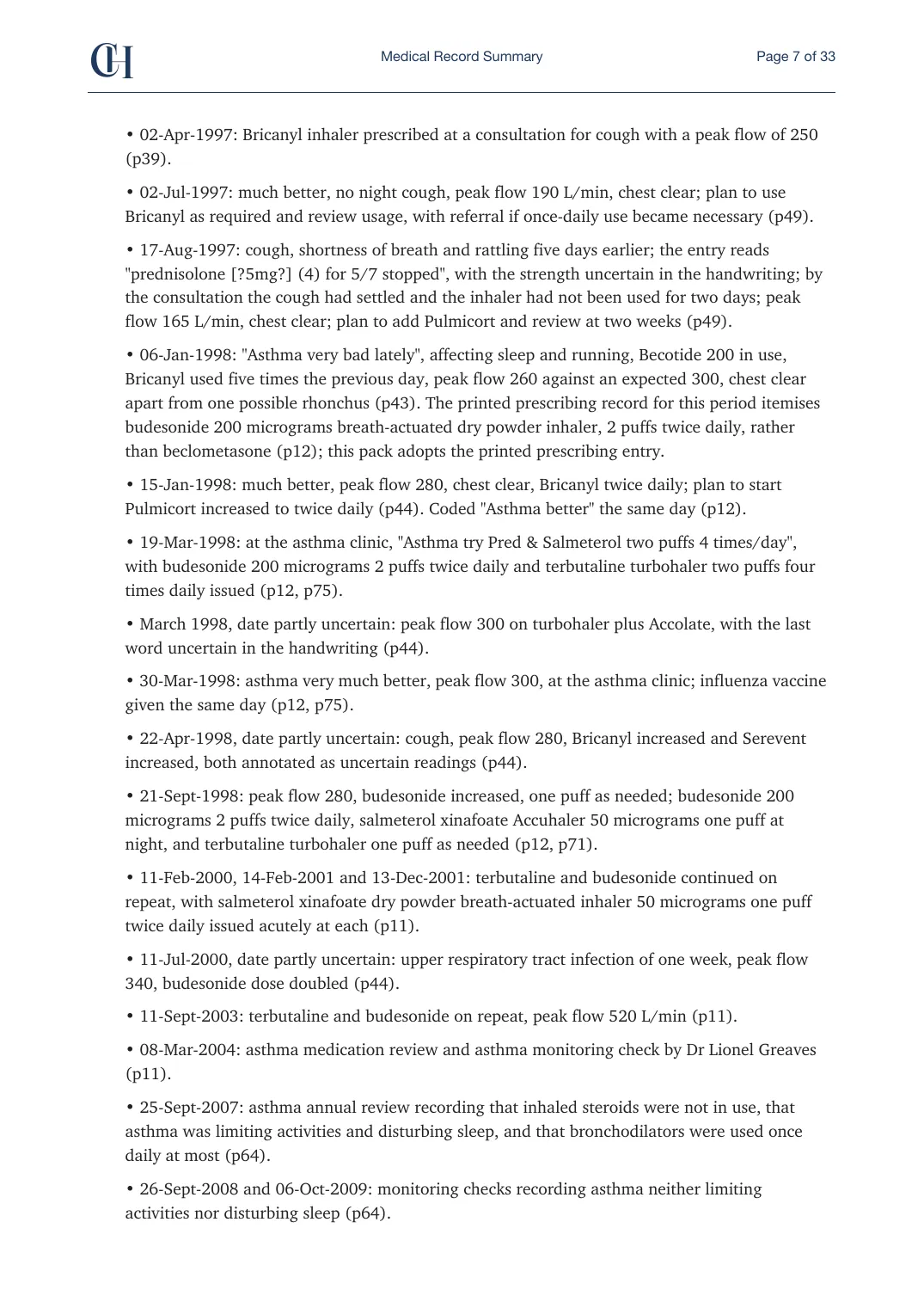 Page 7 of the Record Summary document from the published Chronicle Pack: Asthma treatment history, 1997 to 2009