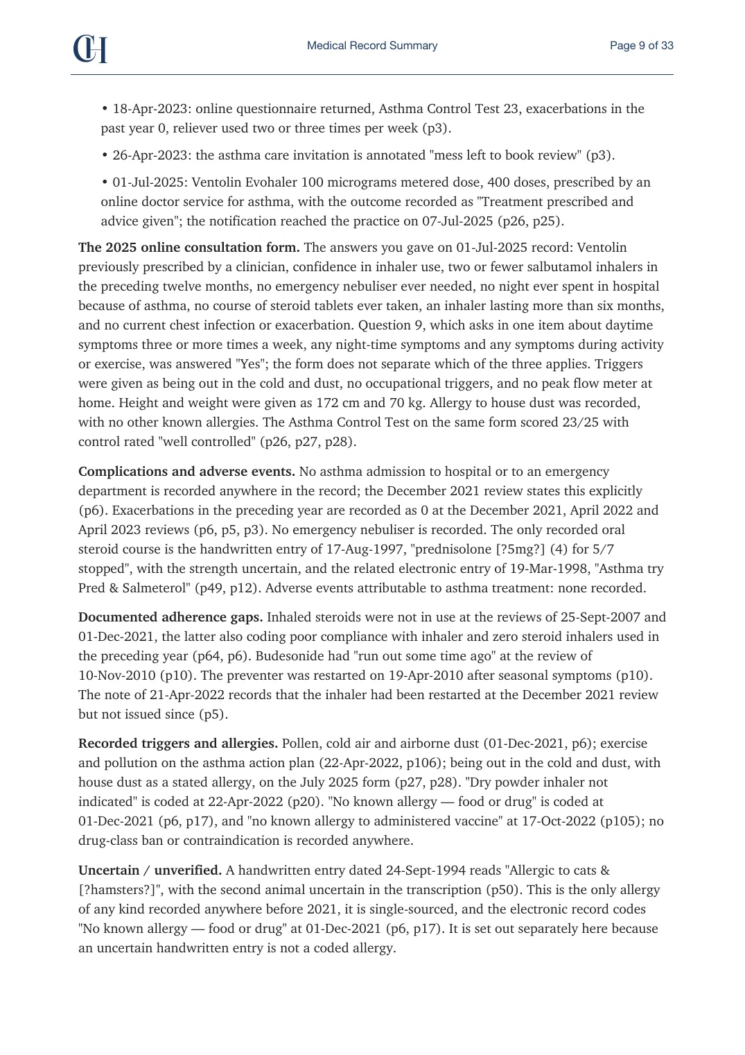 Page 9 of the Record Summary document from the published Chronicle Pack: Asthma reviews, adherence gaps, triggers and allergies