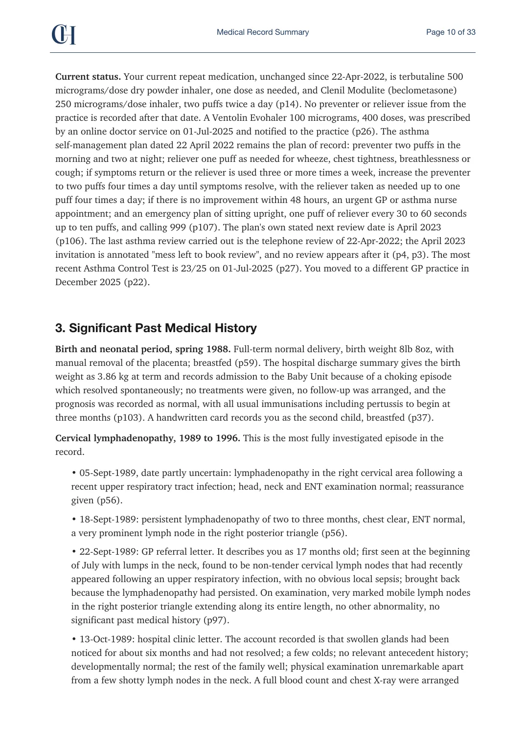 Page 10 of the Record Summary document from the published Chronicle Pack: Asthma current status, then significant past medical history