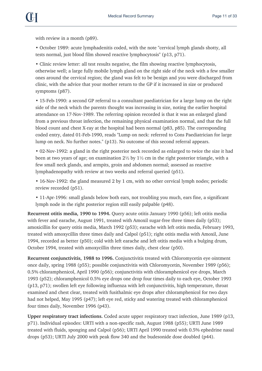 Page 11 of the Record Summary document from the published Chronicle Pack: Past medical history: the neck glands, then recurrent ear and eye infections