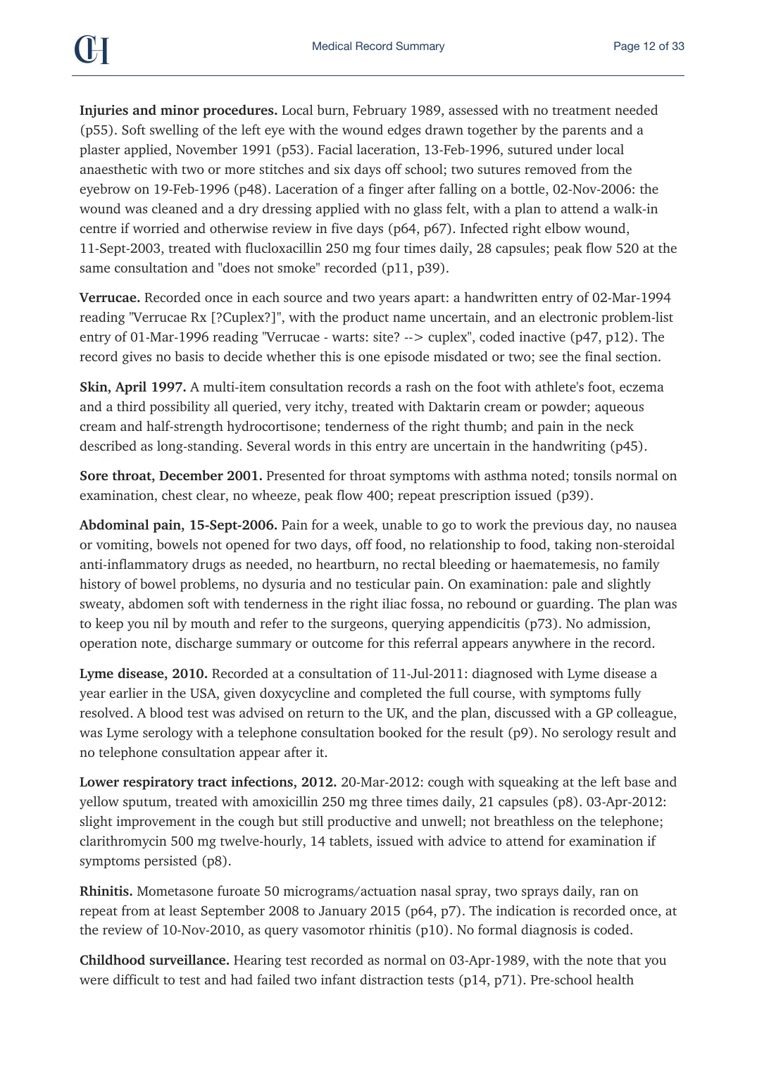 Page 12 of the Record Summary document from the published Chronicle Pack: Past medical history: injuries, verrucae, Lyme disease, childhood surveillance
