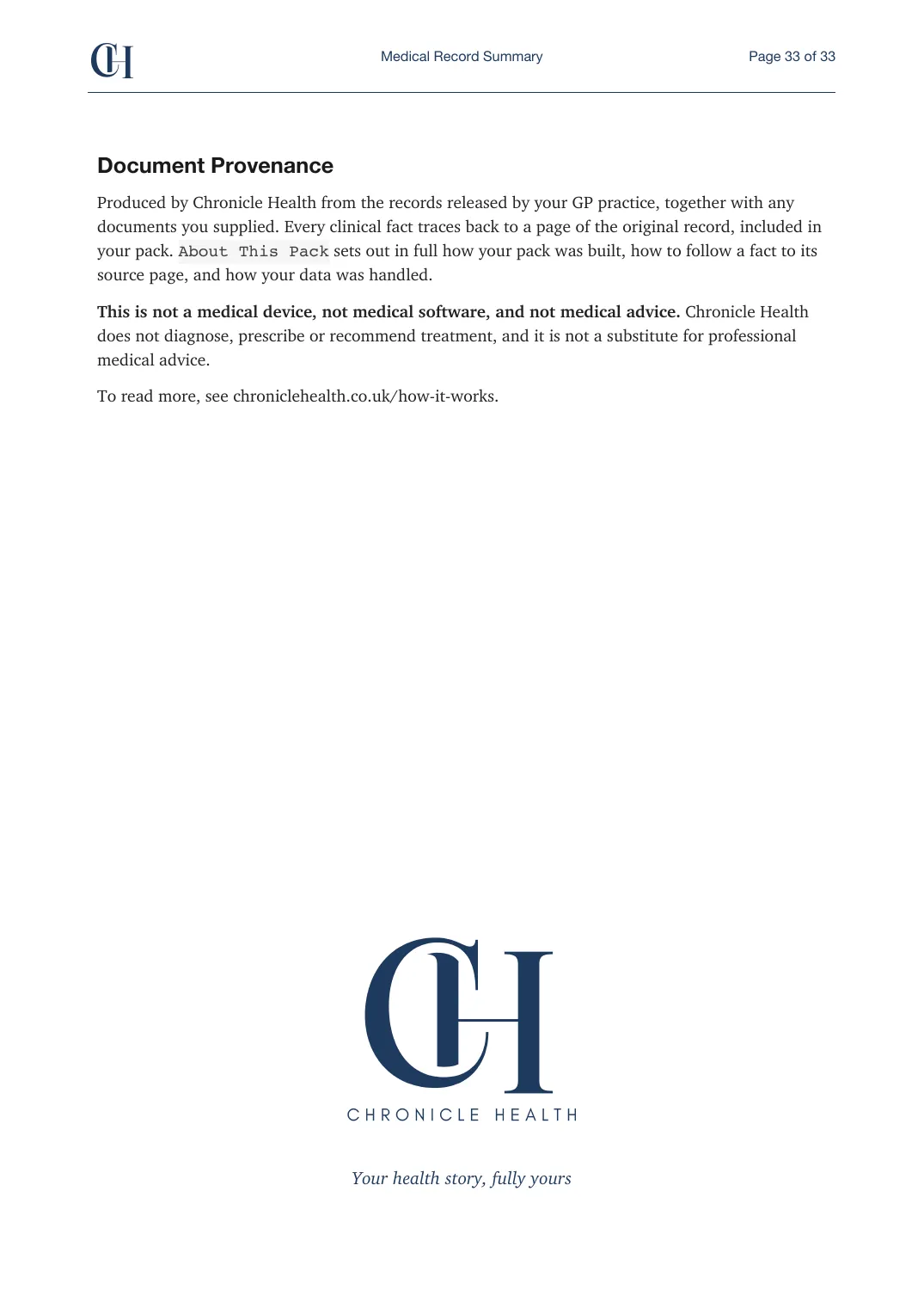Page 33 of the Record Summary document from the published Chronicle Pack: Provenance
